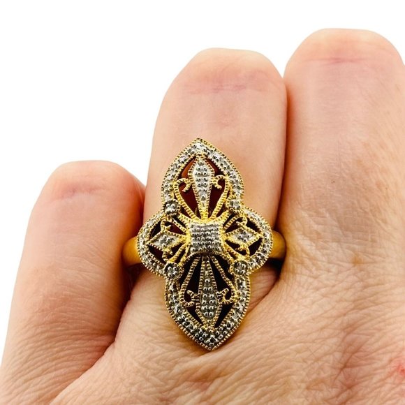 Gold Vermeil Sterling Silver Pave Diamond Art Deco Ring Size 7 Signed JSP Pretty - Picture 1 of 8